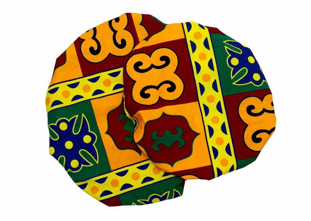 Ghanaian Kente Wax Print Made of Yellow, Green,Red and Blue Blend of Beautiful Colours And Pattern With Adinkira Symbols, Hand Made Elastic With Yellow Silk lined Hair Bonnet