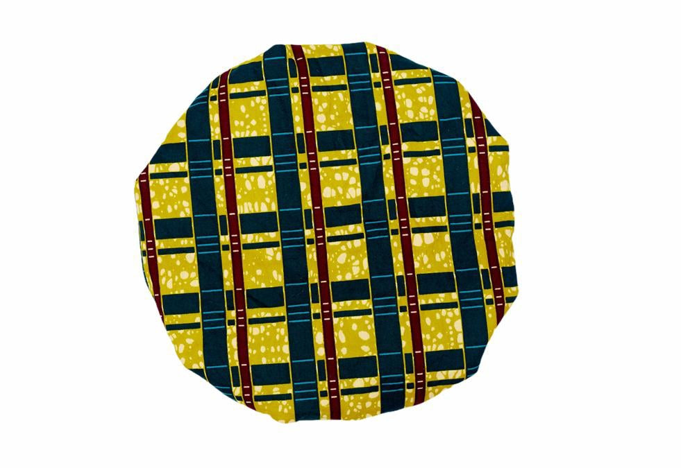 Ankara Wax Print Made of White, Curry, Redwine And Seablue Stripped Green Blend of Beautiful Colours And Pattern, Hand Made Elastic Silklined Bonnet With Band