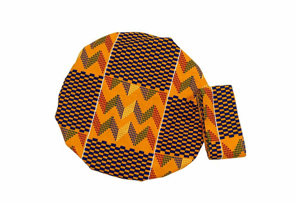 Ghanaian Kente Wax Print Made of White,Gold, Red, Blue Blend of Beautiful Colours And Pattern With Adinkira Symbols, Hand Made Elastic Silklined Bonnet With Band
