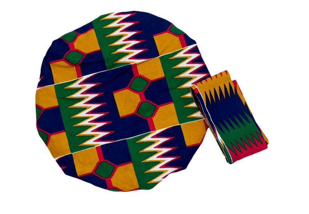 Ghanaian Kente Wax Print Made of Pink,Gold, Red, Green,Blue Blend of Beautiful Colours And Pattern With Adinkira Symbols, Hand Made Elastic Silklined Bonnet With Band