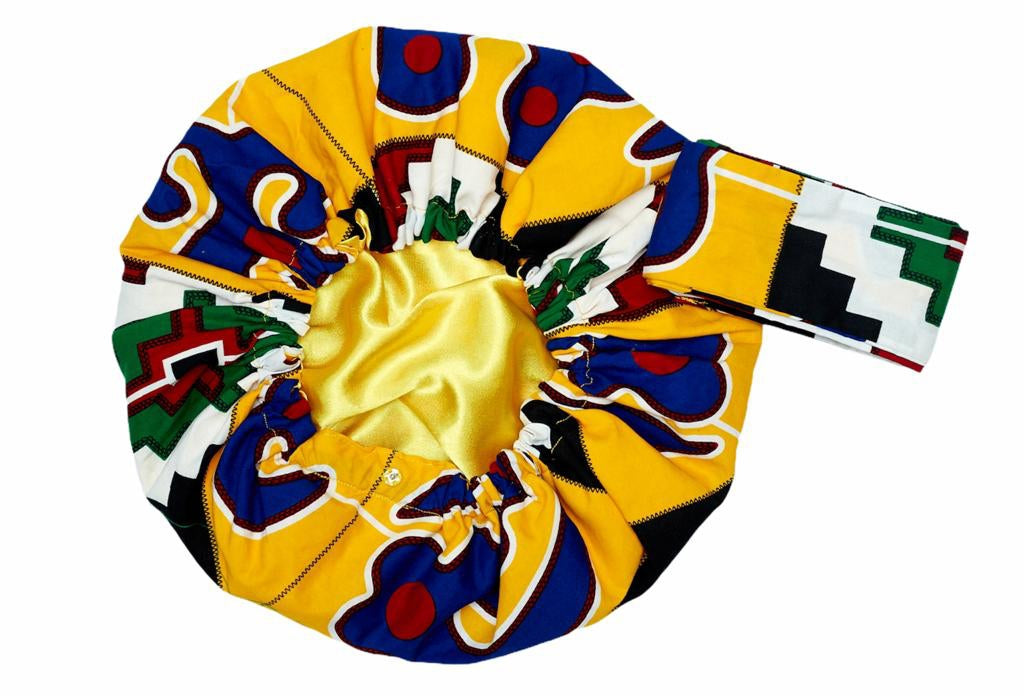 Ghanaian Kente Wax Print Made of Yellow, Red, Green,Blue, Black  and White Blended Beautiful Colours And Pattern With Adinkira Symbols, Hand Made Elastic Silklined Bonnet With Band