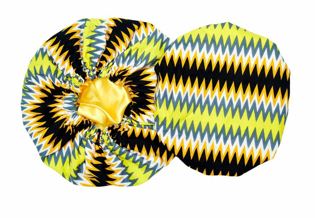 Ghanaian Kente Wax Print Made of Yellow, Gold ,Ash ,Black and White Blended Beautiful Colours And Pattern, Hand Made Elastic Silklined Bonnet With Band