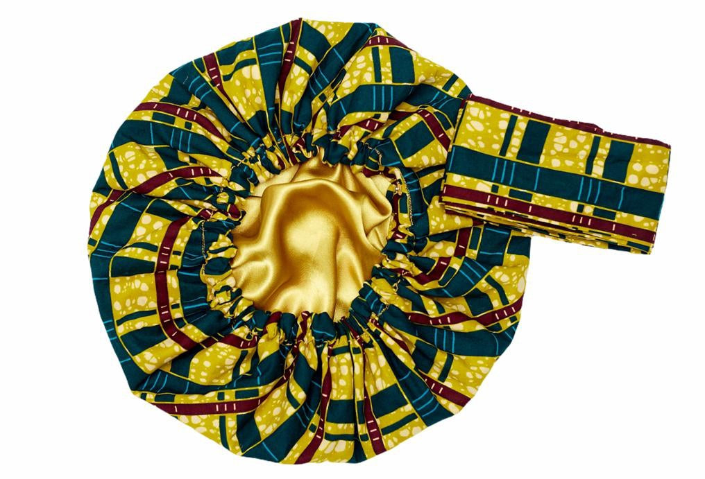 Ankara Wax Print Made of White, Curry, Redwine And Seablue Stripped Green Blend of Beautiful Colours And Pattern, Hand Made Elastic Silklined Bonnet With Band