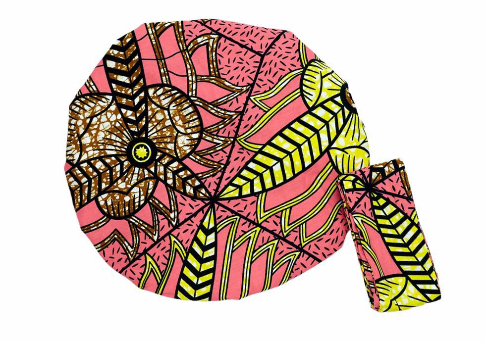 Print Made of Pink, yellow, Black and Curry Blended Beautiful Colours, Hand Made Elastic Silklined Bonnet With Band