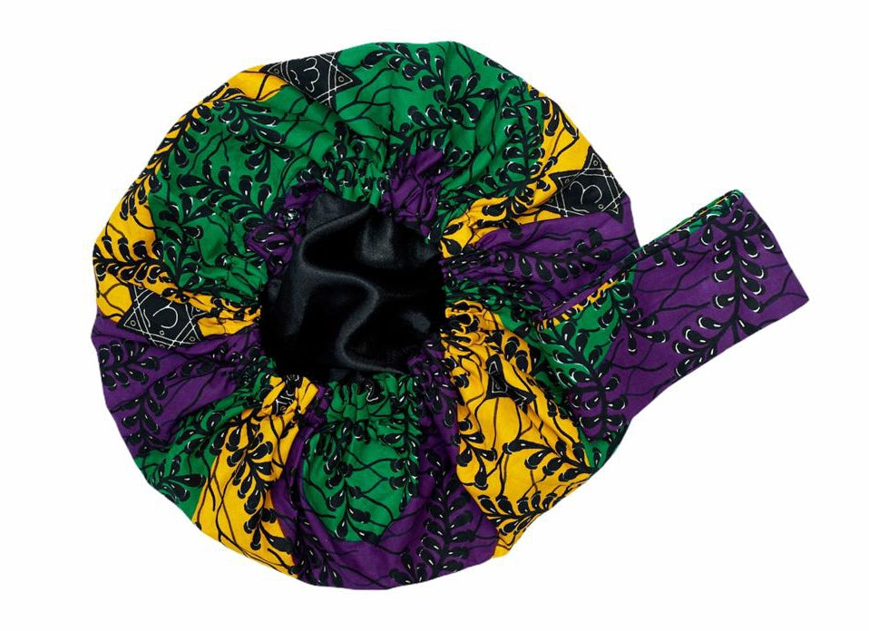 Ankara Wax Print Made of Green, Yellow, Purple And Black Blend of Beautiful Colours And Pattern, Hand Made Elastic Silklined Bonnet With Band