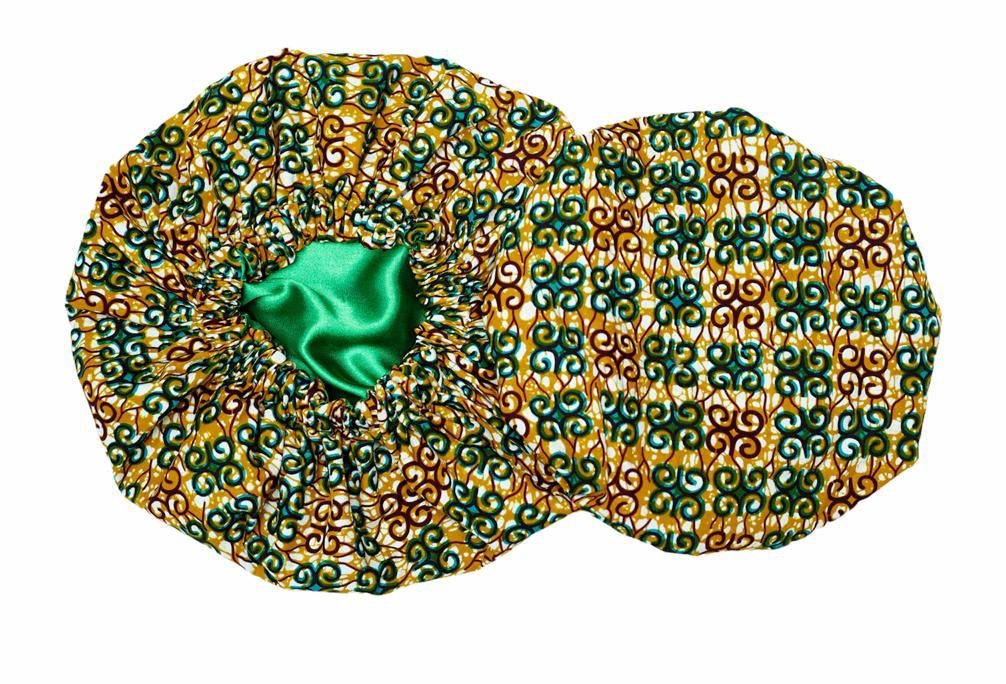 Ankara Wax Print Made of Green, Curry, Redwine And White Blend of Beautiful Colours And Pattern, Hand Made Elastic Silklined Bonnet With Band