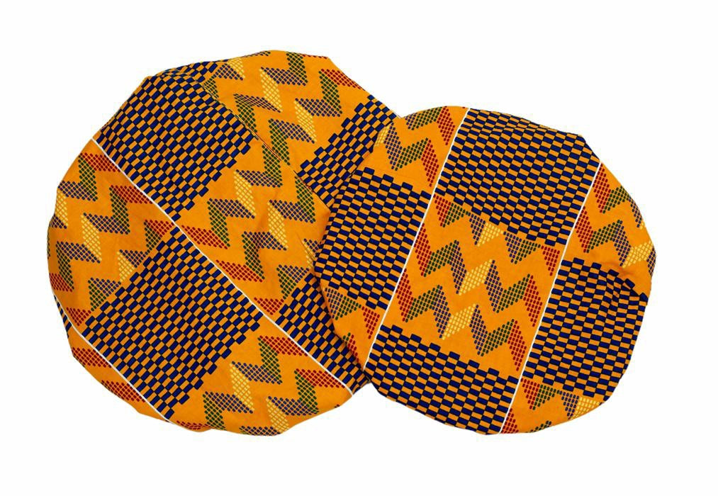 Ghanaian Kente Wax Print Made of White,Gold, Red, Blue Blend of Beautiful Colours And Pattern With Adinkira Symbols, Hand Made Elastic Silklined Bonnet With Band