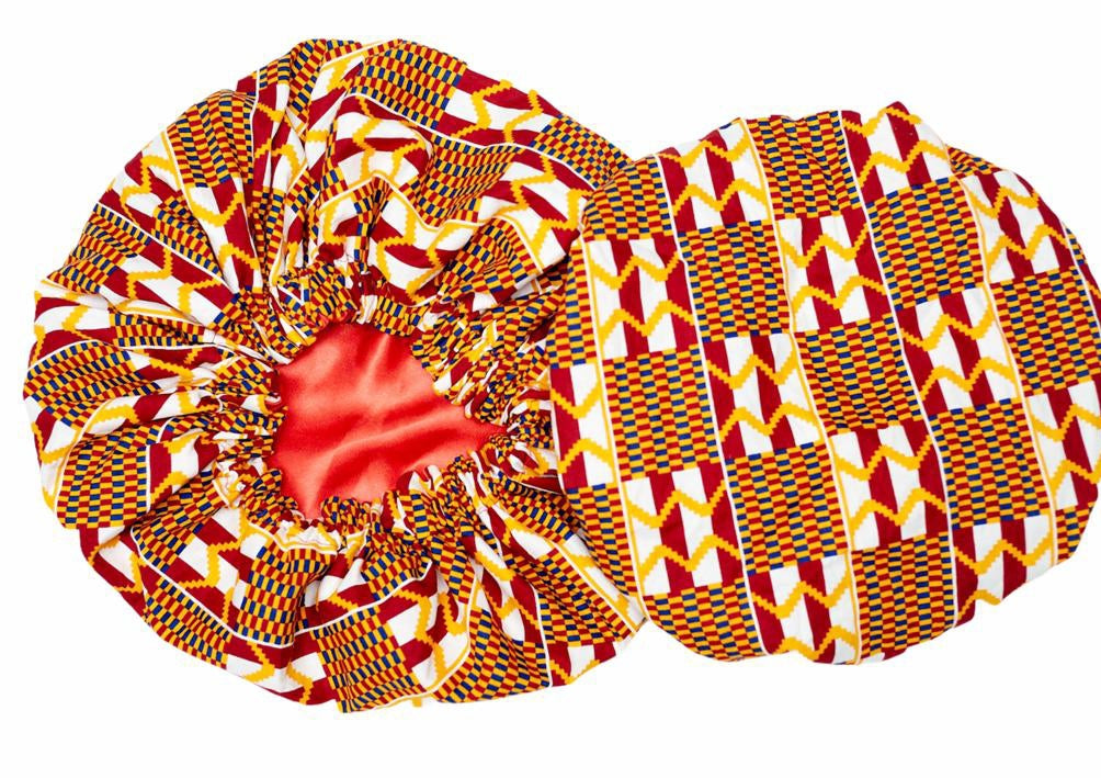 Ghanaian Kente Wax Print Made of White,Gold, Red, Blue Blend of Beautiful Colours And Pattern With Adinkira Symbols, Hand Made Elastic Silklined Bonnet With Band