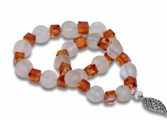 Clear And Orange Coloured Bright Medley Fused Rondelle Recycled Glass beaded BRACELET With Leaf Silver Pendant Ghana Beads