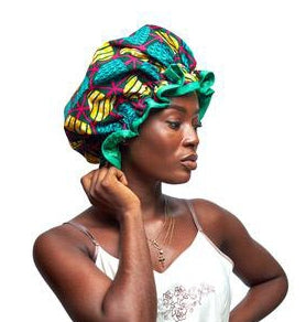 Red, Yellow, Black And Green Ankara Wax Print Lined With Green Silk Regular Hair Bonnet