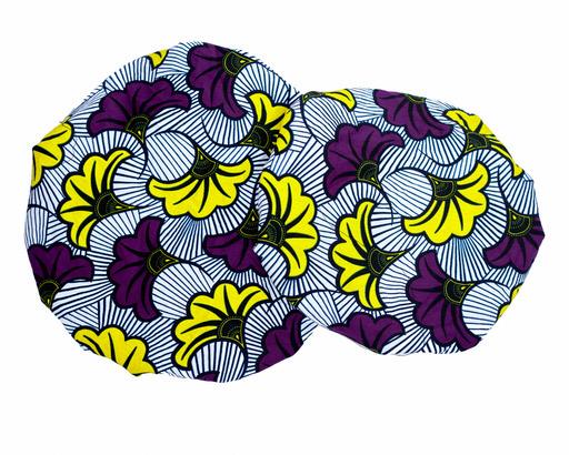 Ankara Wax Print Made of Black White Stripped, Yellow And Purple Blend of Beautiful Colours And Pattern, Hand Made Elastic Silk lined Hair Bonnet