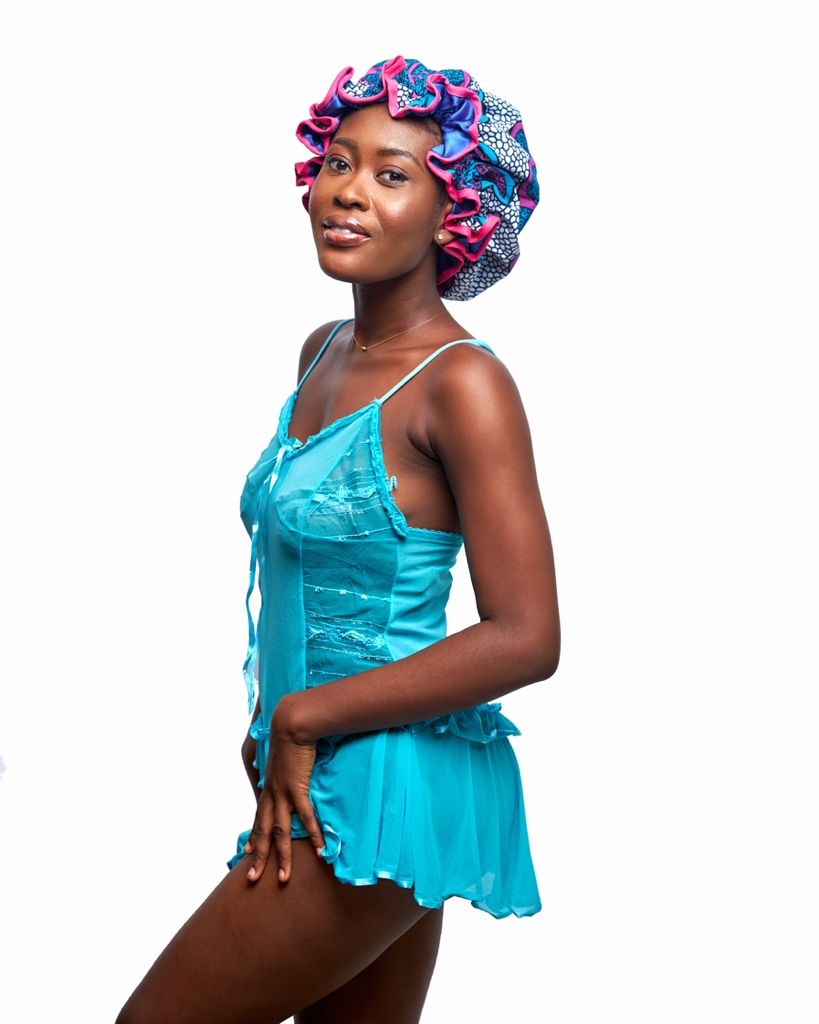 White, Blue, Purple And Pink Ankara Wax Print Lined With Blue Silk Regular Silklined Hair Bonnet
