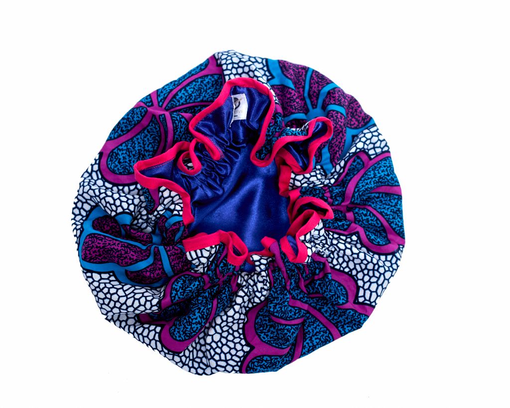 White, Blue, Purple And Pink Ankara Wax Print Lined With Blue Silk Regular Silklined Hair Bonnet