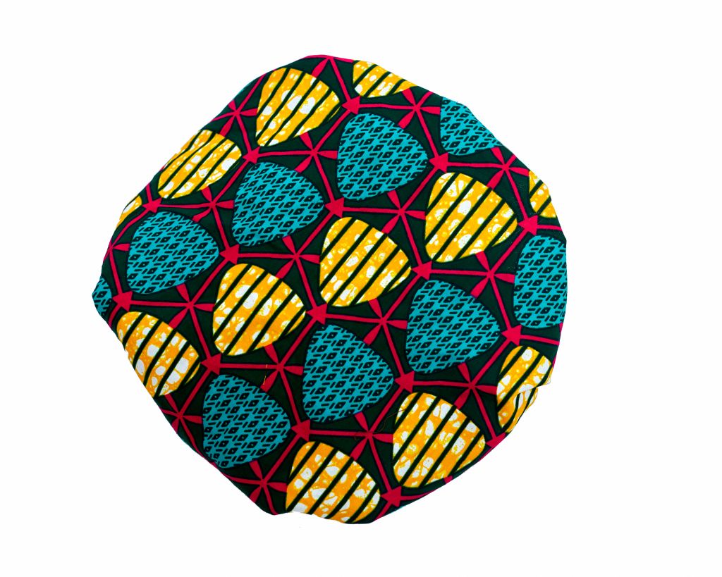 Red, Yellow, Black And Green Ankara Wax Print Lined With Green Silk Regular Hair Bonnet
