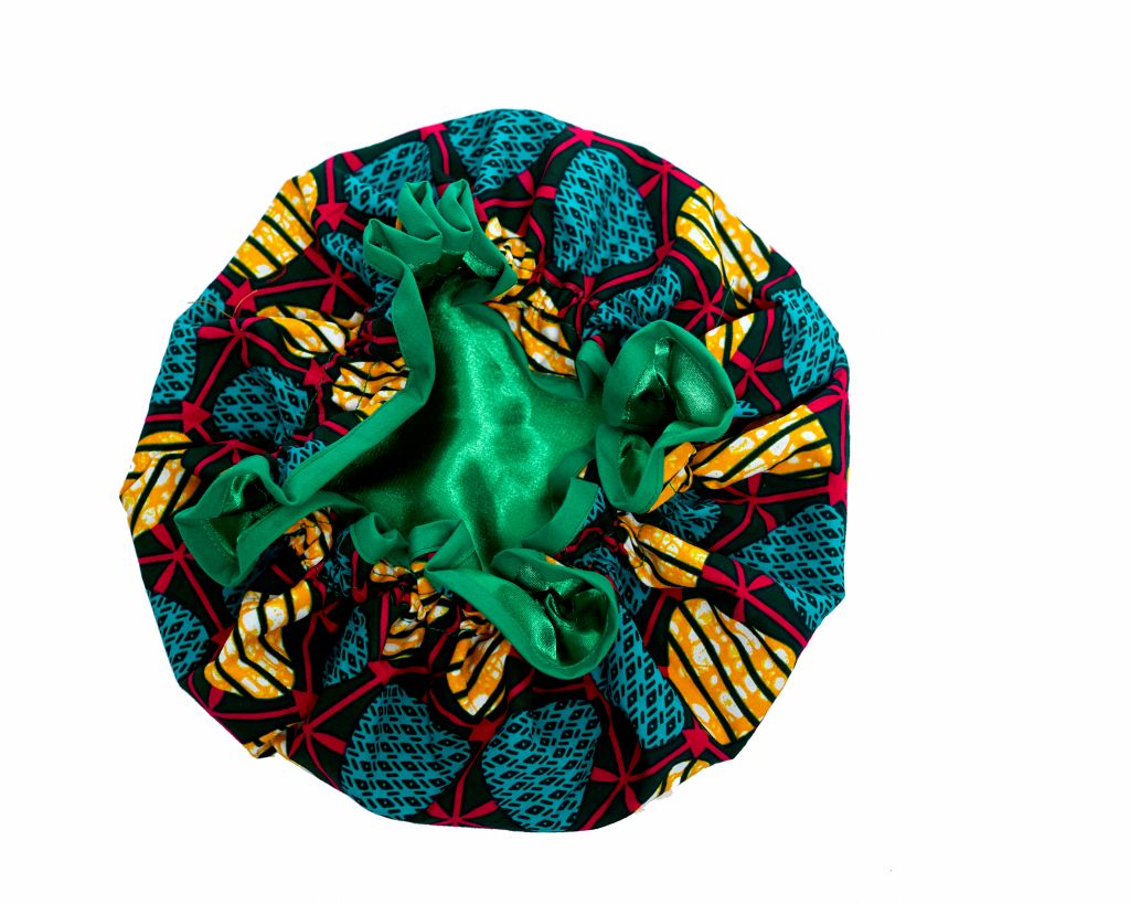 Red, Yellow, Black And  Green Ankara Wax Print Lined With Green Silk Regular Hair Bonnet