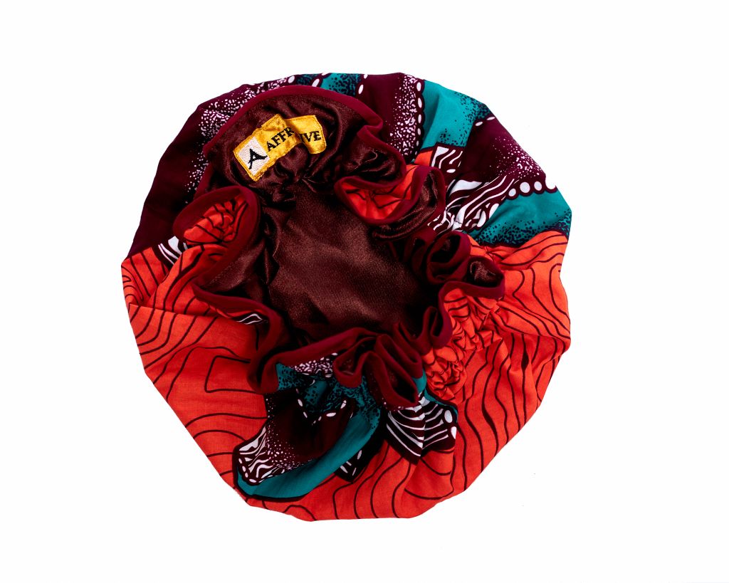 Orange ,White , Wine And Green Ankara Wax Print Lined With Wine Silk Regular Hair Bonnet