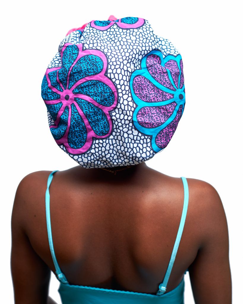 White, Blue, Purple And Pink Ankara Wax Print Lined With Blue Silk Regular Silklined Hair Bonnet