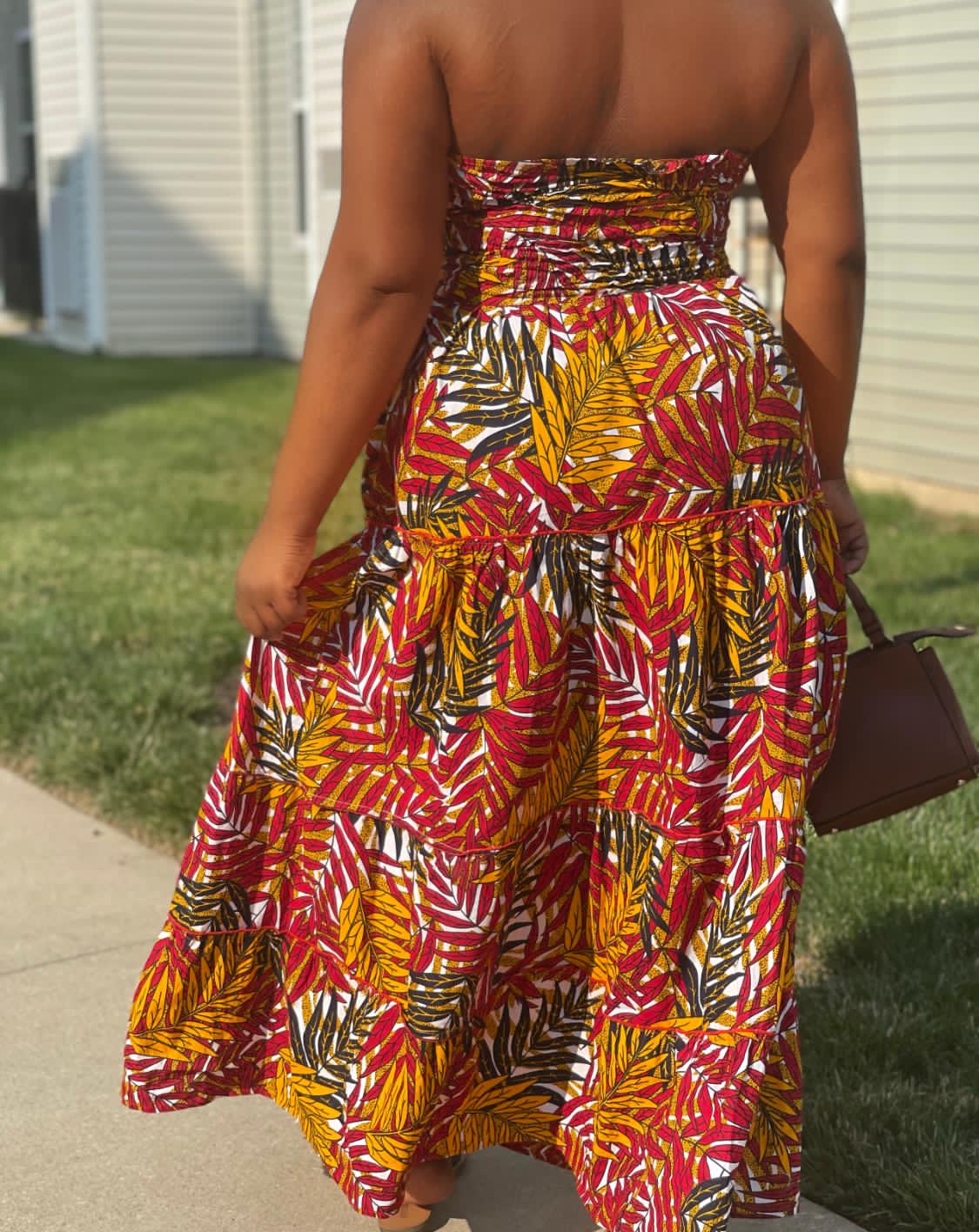Yellow, Red, Green And White Pattern Ankara Wax Print Tube Stretchy Maxi Flare Dress