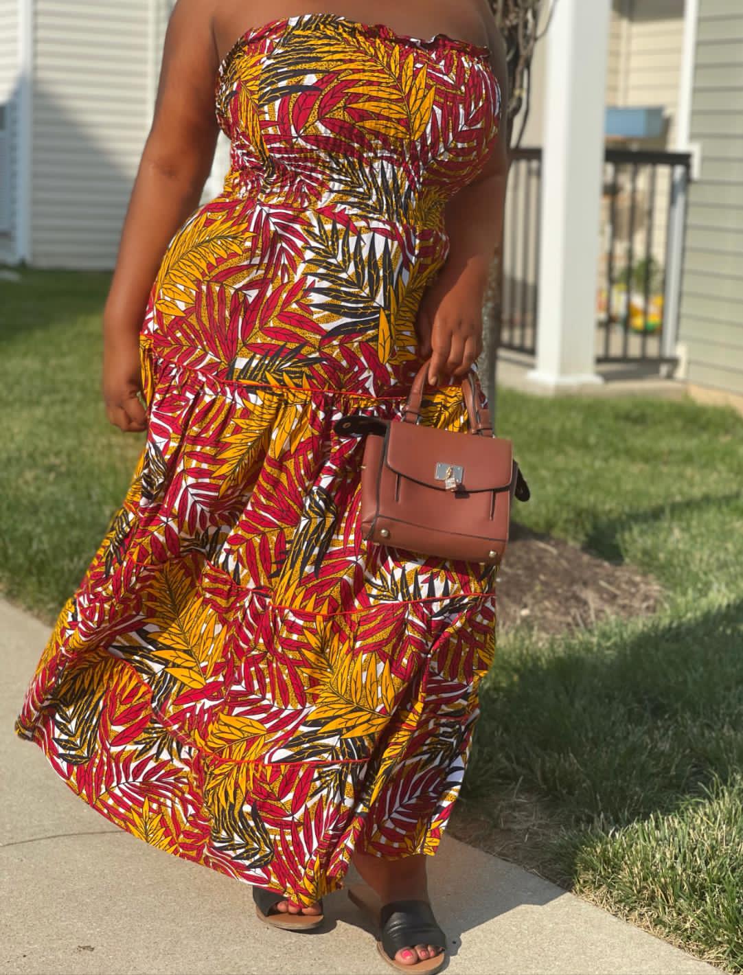 Yellow, Red, Green And White Pattern Ankara Wax Print Tube Stretchy Maxi Flare Dress