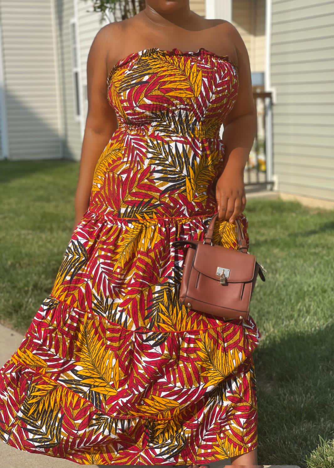 Yellow, Red, Green And White Pattern Ankara Wax Print Tube Stretchy Maxi Flare Dress