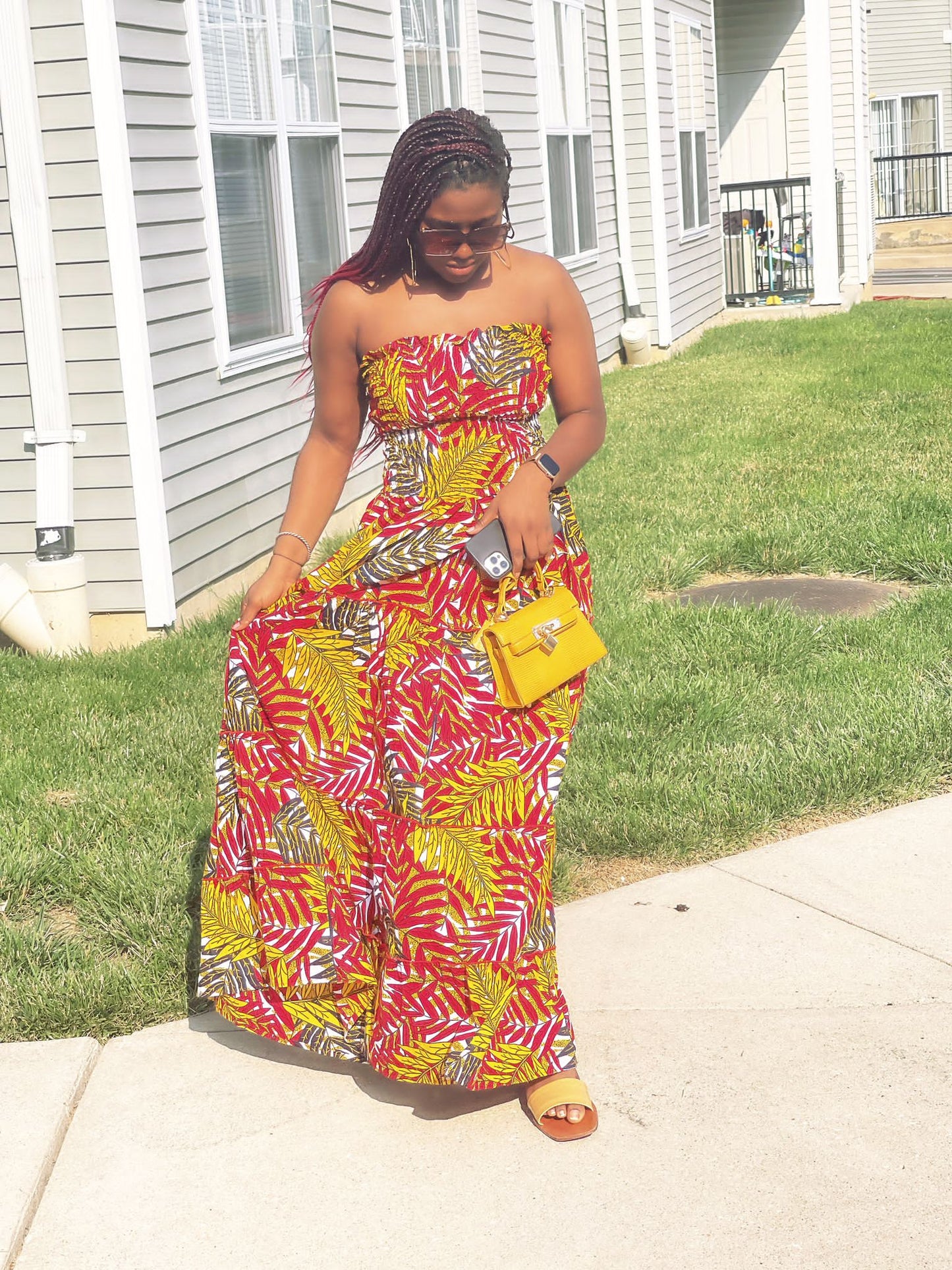 Yellow, Red, Green And White Pattern Ankara Wax Print Tube Stretchy Maxi Flare Dress