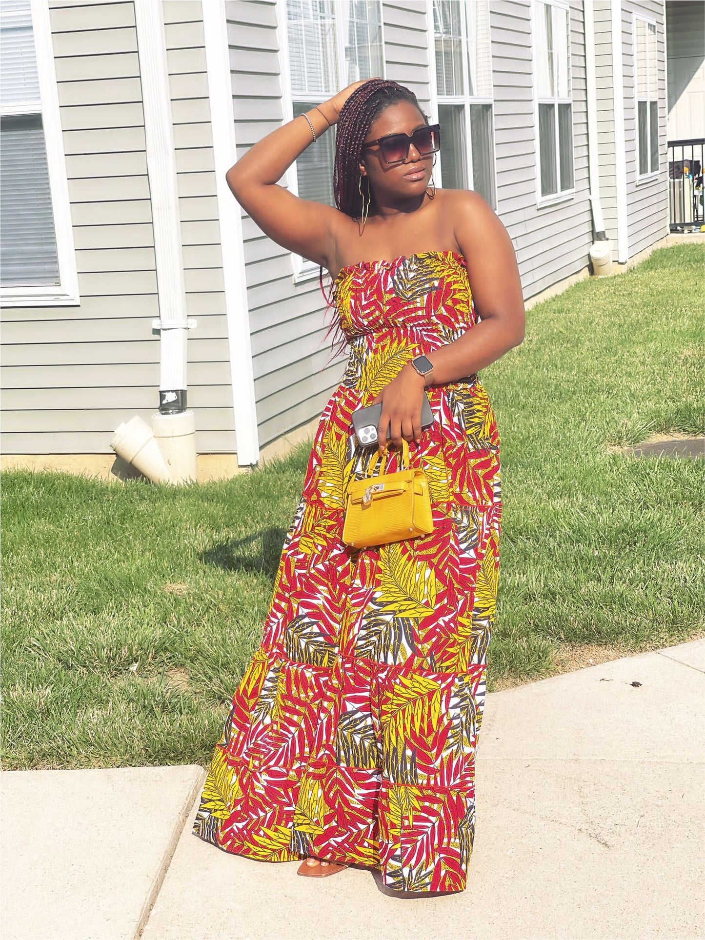 Yellow, Red, Green And White Pattern Ankara Wax Print Tube Stretchy Maxi Flare Dress