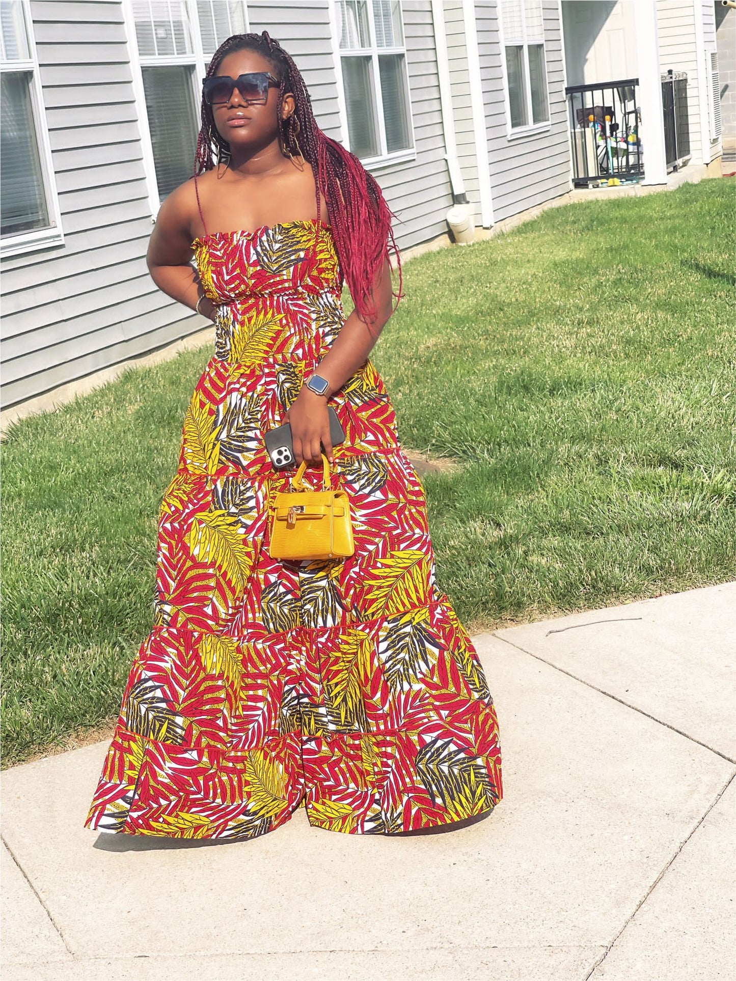 Yellow, Red, Green And White Pattern Ankara Wax Print Tube Stretchy Maxi Flare Dress