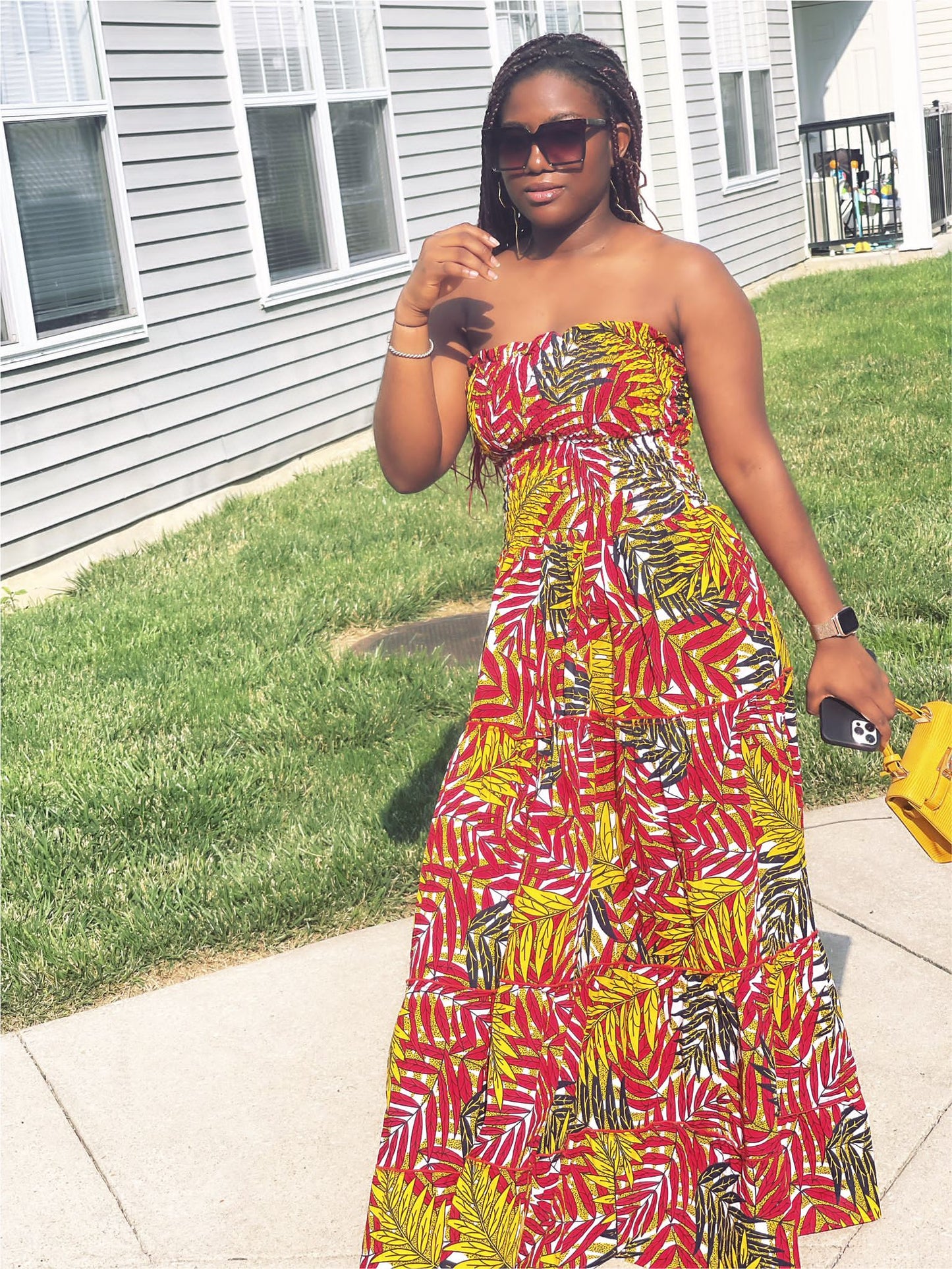 Yellow, Red, Green And White Pattern Ankara Wax Print Tube Stretchy Maxi Flare Dress