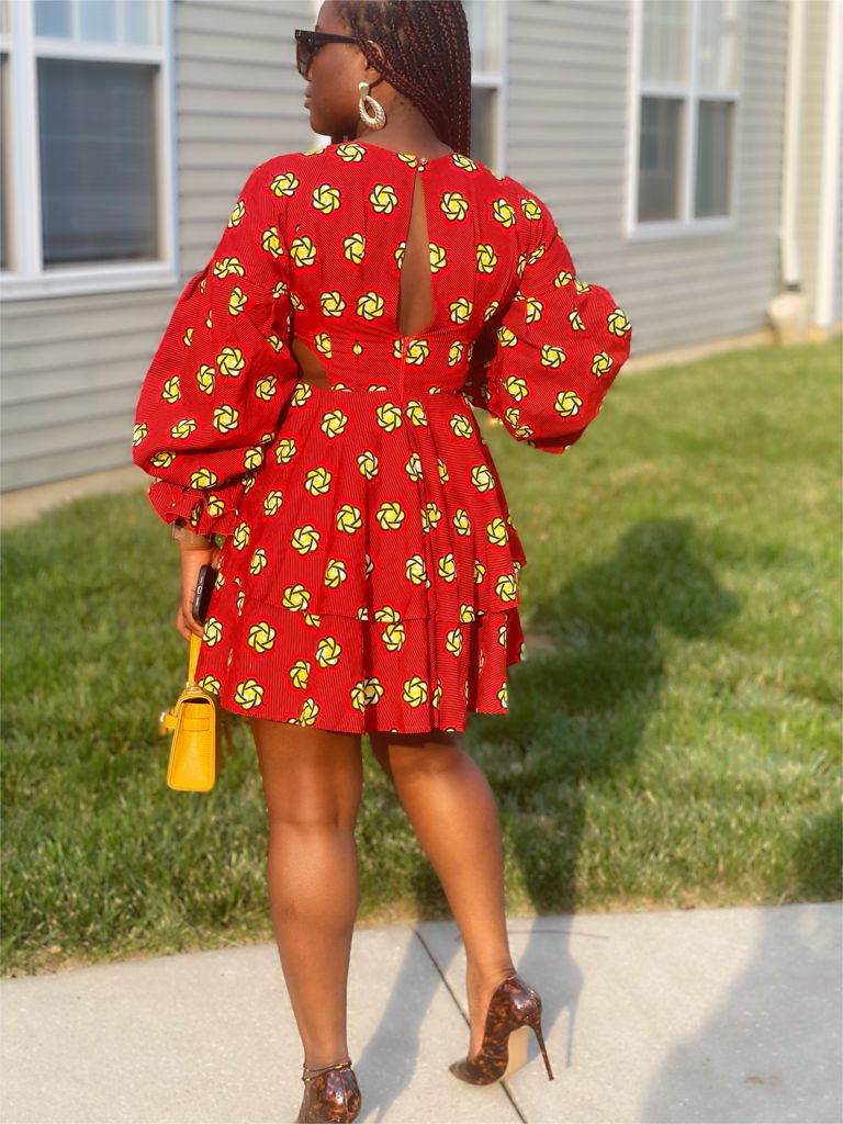 Red And Yellow Pattern Ankara Wax Print Long Puff Sleeve Deep V Neck, Partly Opened Side And Back Double layered Mini Flare Dress