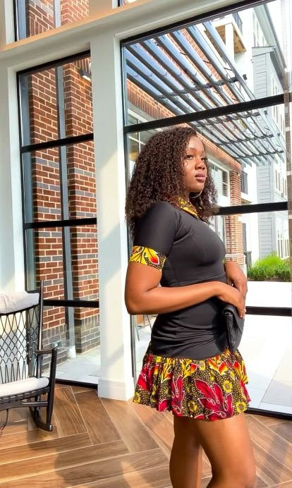Solid Black Color With A Spread Short Sleeve Mid Dress. Spread Collar, Sleeve Edge And Dress Edges Made Of Yellow, Black And Wine Pattern Ankara Wax Print