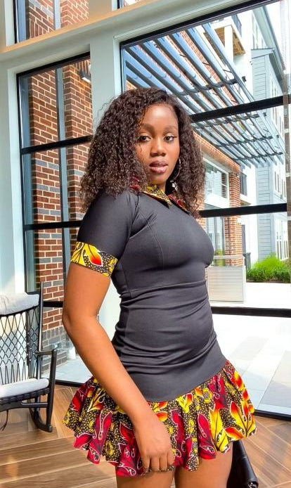 Solid Black Color With A Spread Short Sleeve Mid Dress. Spread Collar, Sleeve Edge And Dress Edges Made Of Yellow, Black And Wine Pattern Ankara Wax Print