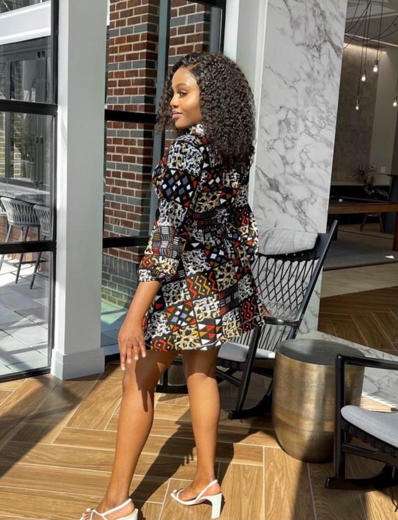 Red , Yellow, White And Black Ankara Wax Print Long Sleeve With Front Zip Mid Loose Dress
