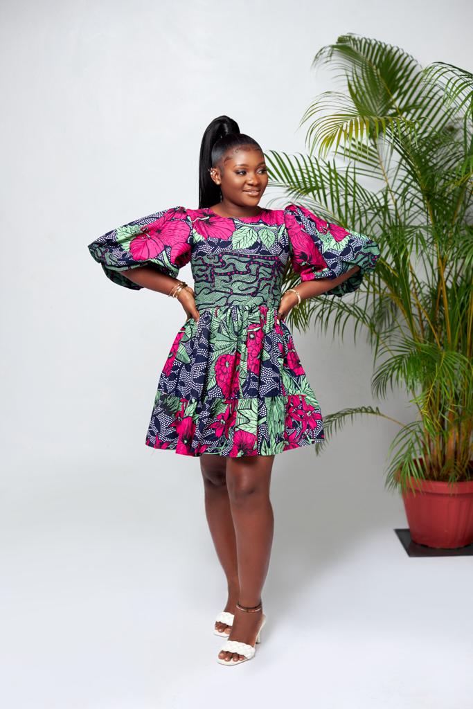 A blend of Green, Black, Blue And Pink Puff Mid Sleeve Ankara Print Mini Dress