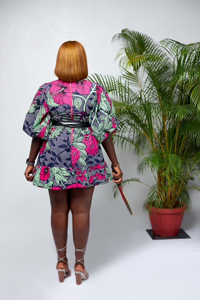 A blend of Green, Black, Blue And Pink Puff Mid Sleeve Ankara Print Mini Dress
