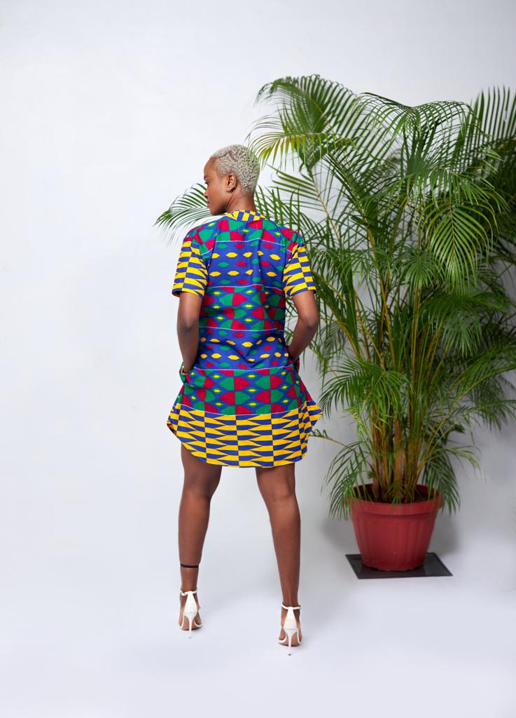 A Blend Of Blue, Yellow, Green , And Red Kente Print Button Shirt Mini Dress With Side Pockets