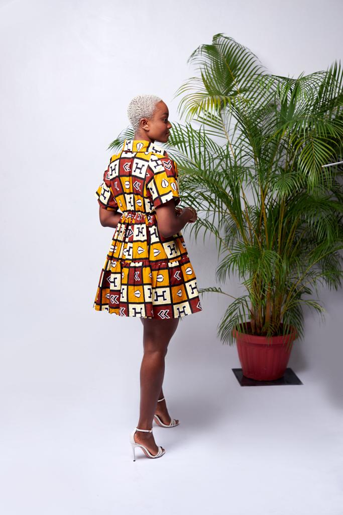 A Blend of Brown, Wine, Bone White And Black Ankara Wax Print Shirt Collar Short Sleeve Button Mini Loose Dress