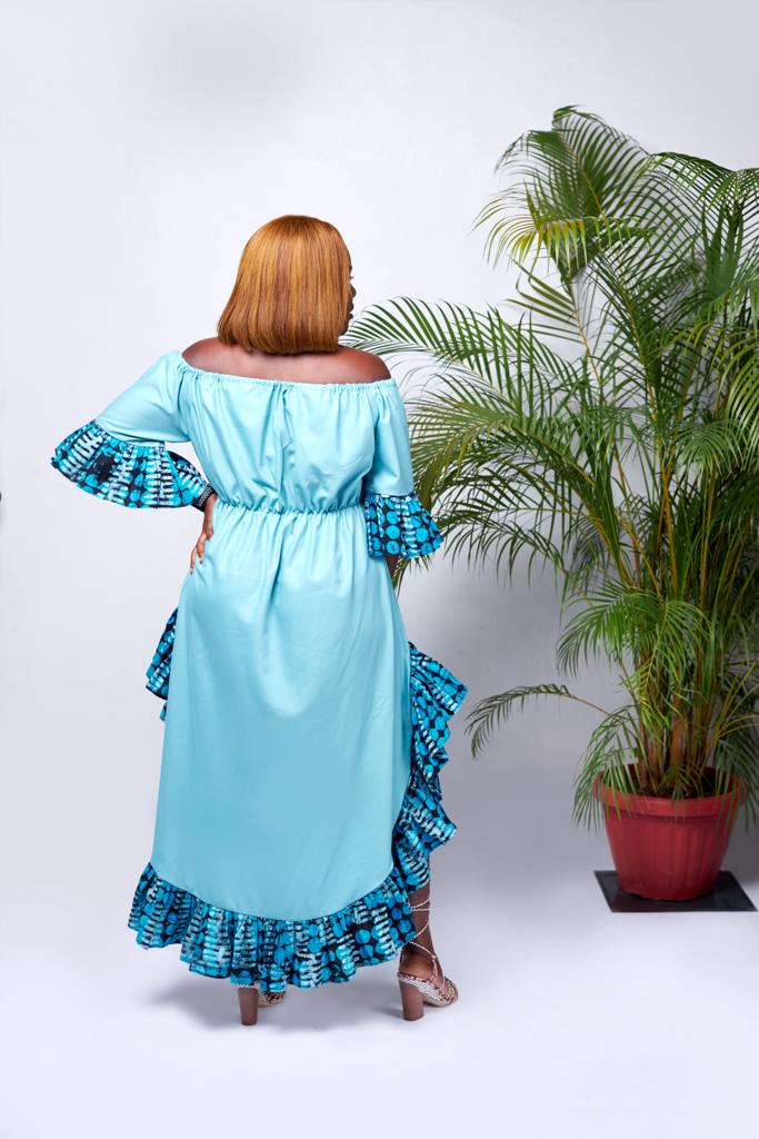 Mid Sleeve Off Shoulder Solid Blue With Blue Batik Fabric Design Edges Front Mid - Maxi Dress