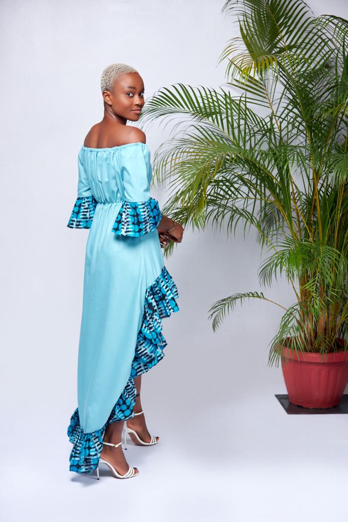 Mid Sleeve Off Shoulder Solid Blue With Blue Batik Fabric Design Edges Front Mid - Maxi Dress