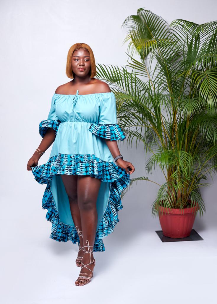 Mid Sleeve Off Shoulder Solid Blue With Blue Batik Fabric Design Edges Front Mid - Maxi Dress