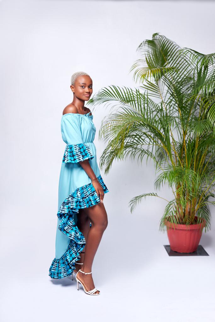 Mid Sleeve Off Shoulder Solid Blue With Blue Batik Fabric Design Edges Front Mid - Maxi Dress