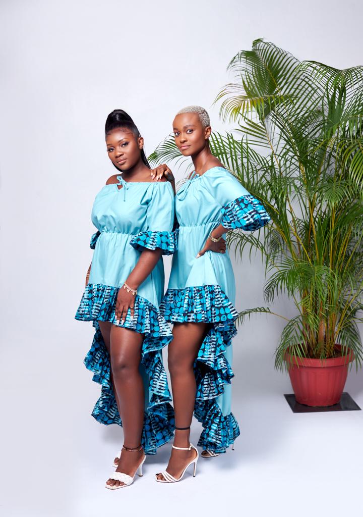Mid Sleeve Off Shoulder Solid Blue With Blue Batik Fabric Design Edges Front Mid - Maxi Dress