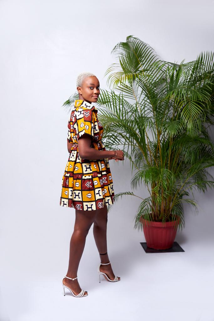 A Blend of Brown, Wine, Bone White And Black Ankara Wax Print Shirt Collar Short Sleeve Button Mini Loose Dress