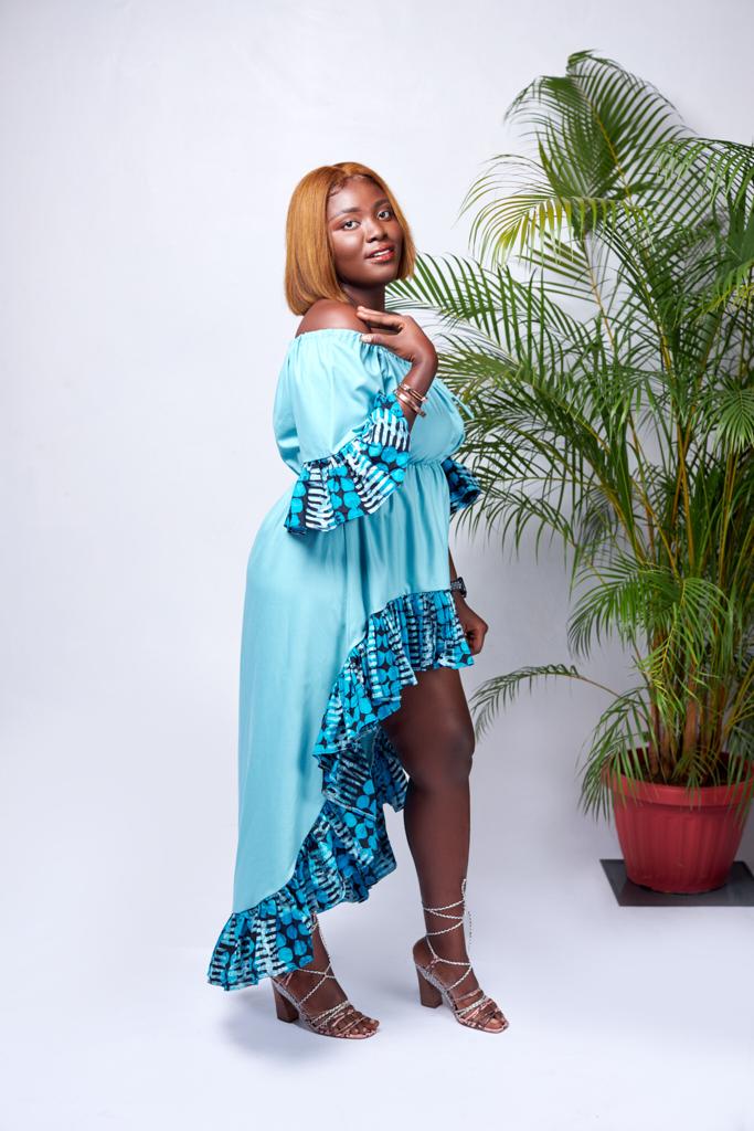 Mid Sleeve Off Shoulder Solid Blue With Blue Batik Fabric Design Edges Front Mid - Maxi Dress