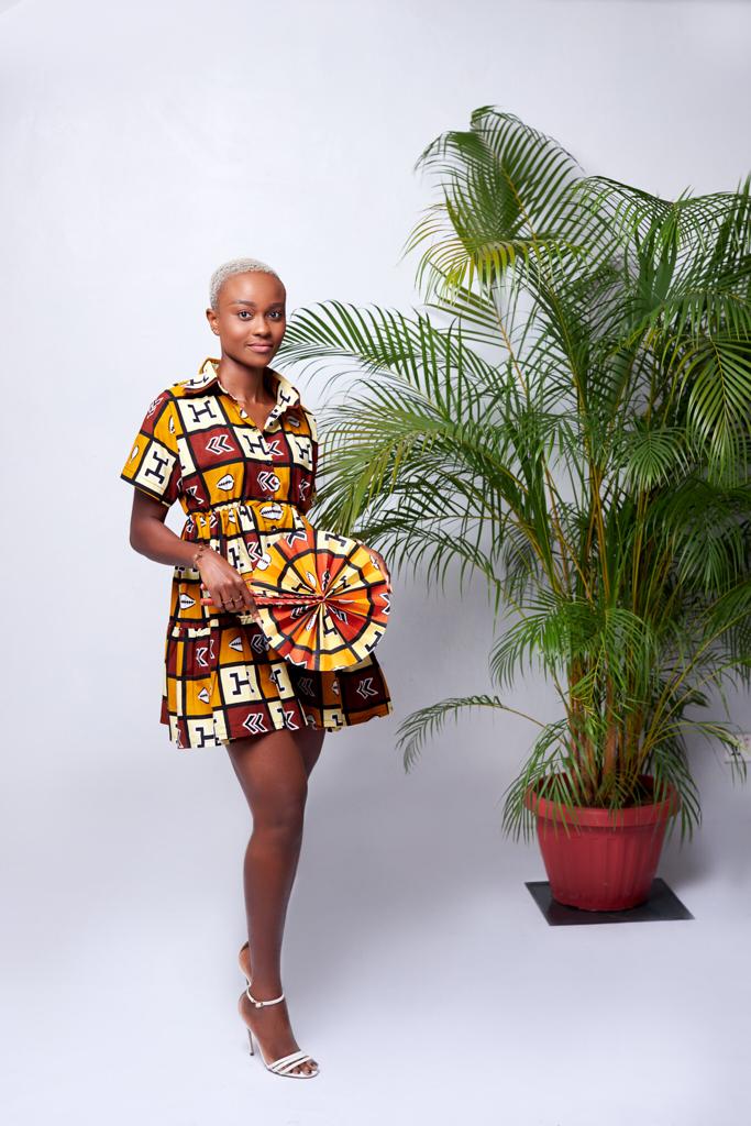 A Blend of Brown, Wine, Bone White And Black Ankara Wax Print Shirt Collar Short Sleeve Button Mini Loose Dress