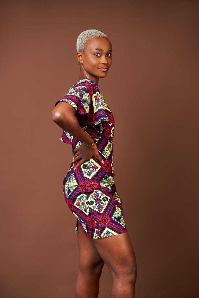A Blend of Blue, Purple , Red And Black Ankara Wax Print Short Sleeve V Neck Back Zip Fitting Mini Dress