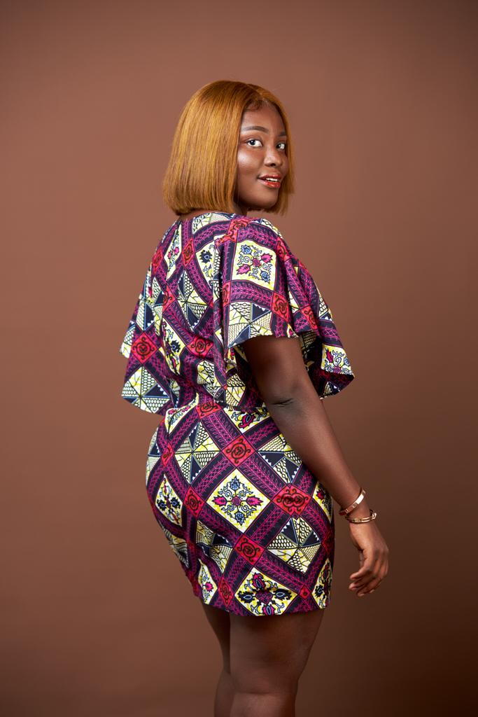 A Blend of Blue, Purple, Red And Black Ankara Wax Print Short Sleeve V Neck Back Zip Fitting Mini Dress