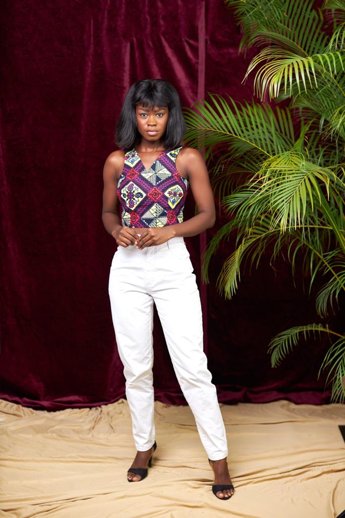 Ankara Pink, Yellow, Black And White Blend Coloured Sleeveless V Neck Crop Top with Back Zip