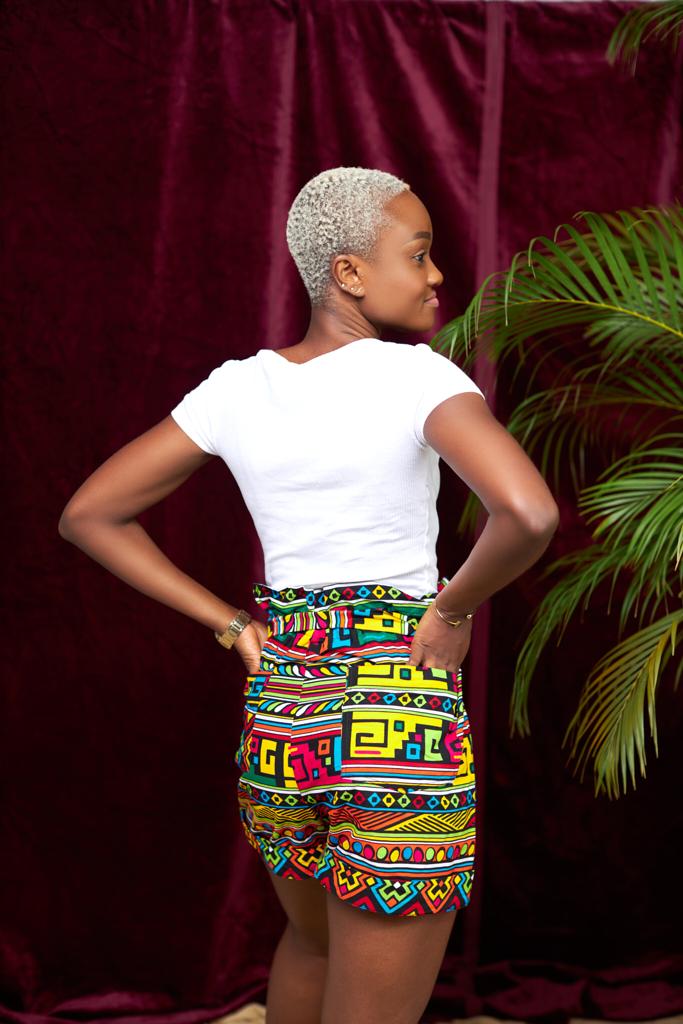 Red, Yellow, Green, Blue, Black, Pink African Bogolan Print High Waist Shorts With Back Pockets And Belt