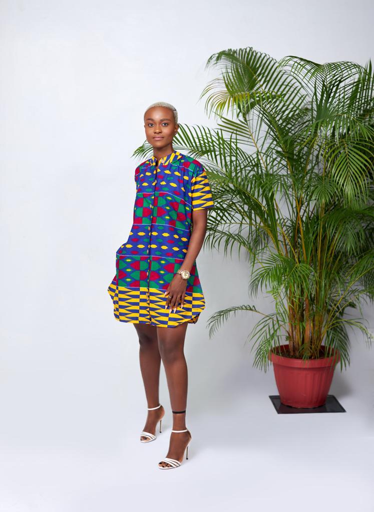 A Blend Of Blue, Yellow, Green , And Red Kente Print Button Shirt Mini Dress With Side Pockets