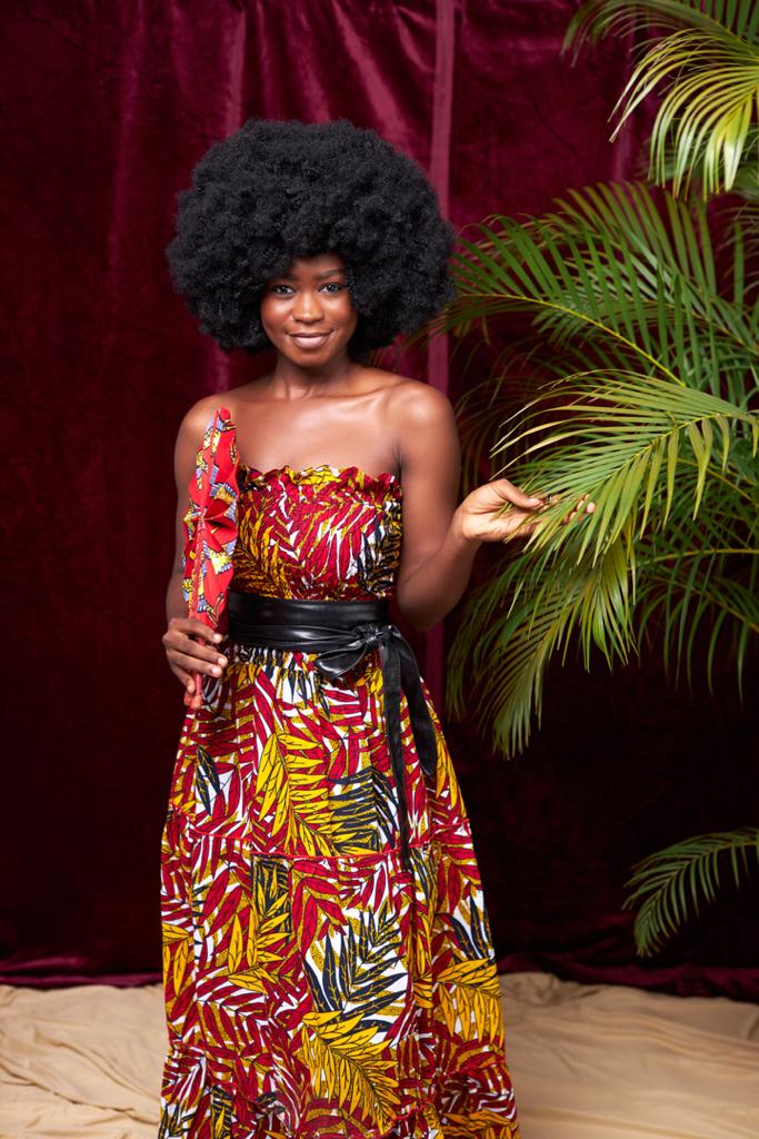 Yellow, Red, Green And White Pattern Ankara Wax Print Tube Stretchy Maxi Flare Dress